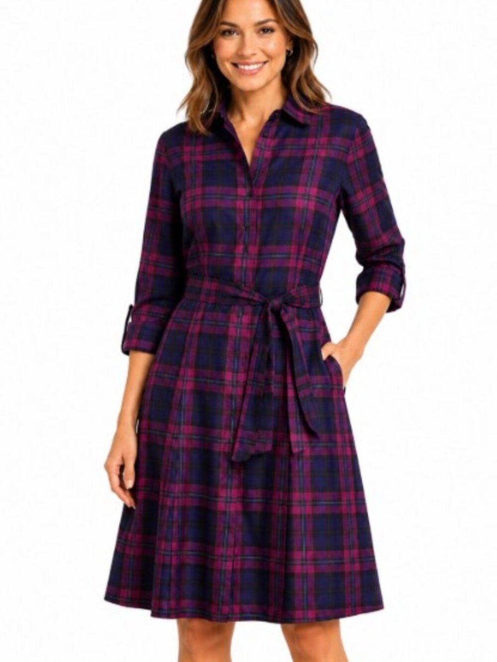 Talbots Petites Plaid Belted Shirt Dress 2P Silk Blend Navy Purple Career Preppy